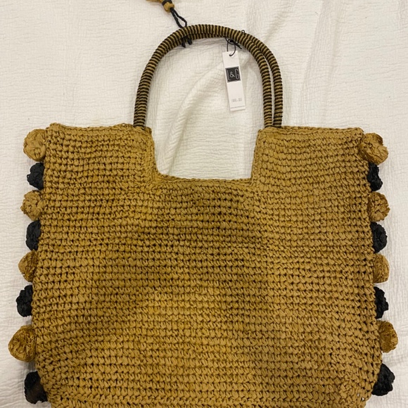 Anthropologie Laurel & Gold Preppy Pom Pom Tote - Picture 3 of 8